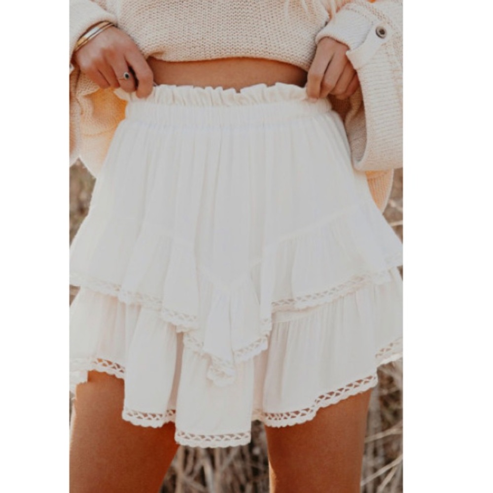 White High Waist Tiered Crochet Ruffle Mini Skirt